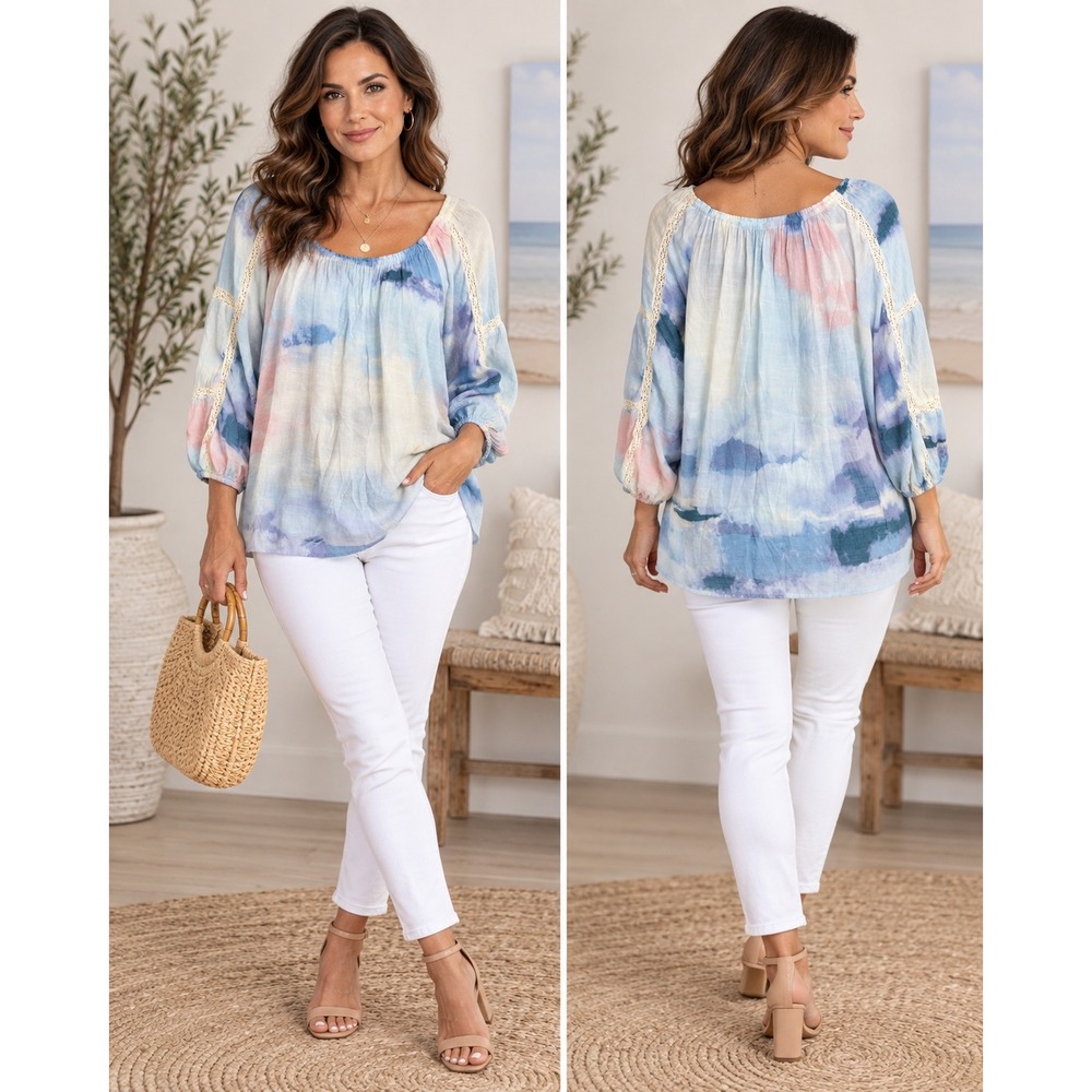 Zac & Rachel Women Blue Watercolor Abstract Crochet Trim Peasant Blouse Medium